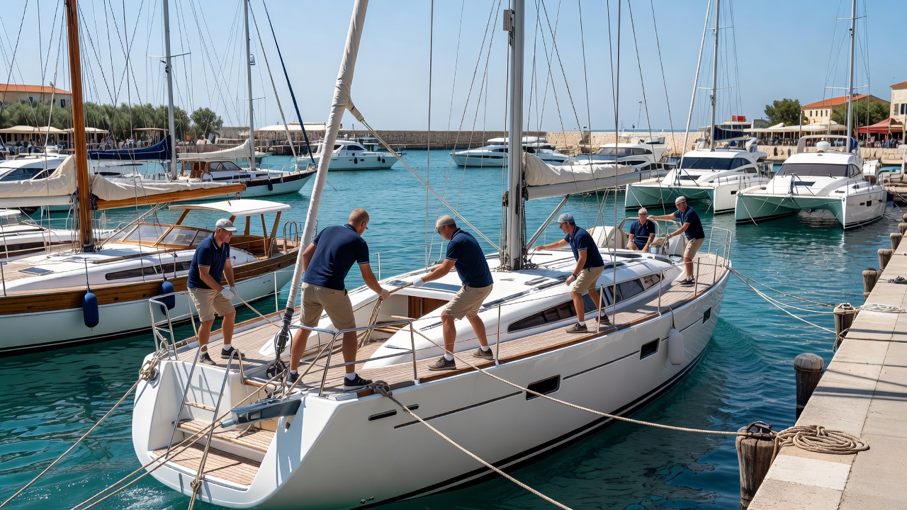 Charter crew handling mooring lines as a sailing yacht reverses into a busy Mediterranean marina berth