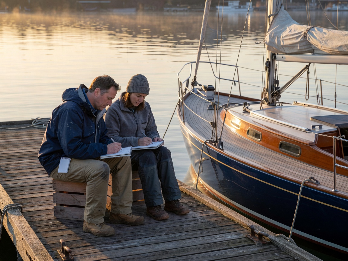 Two marine correspondents on a wooden dock taking notes beside a moored sailing yacht in morning light