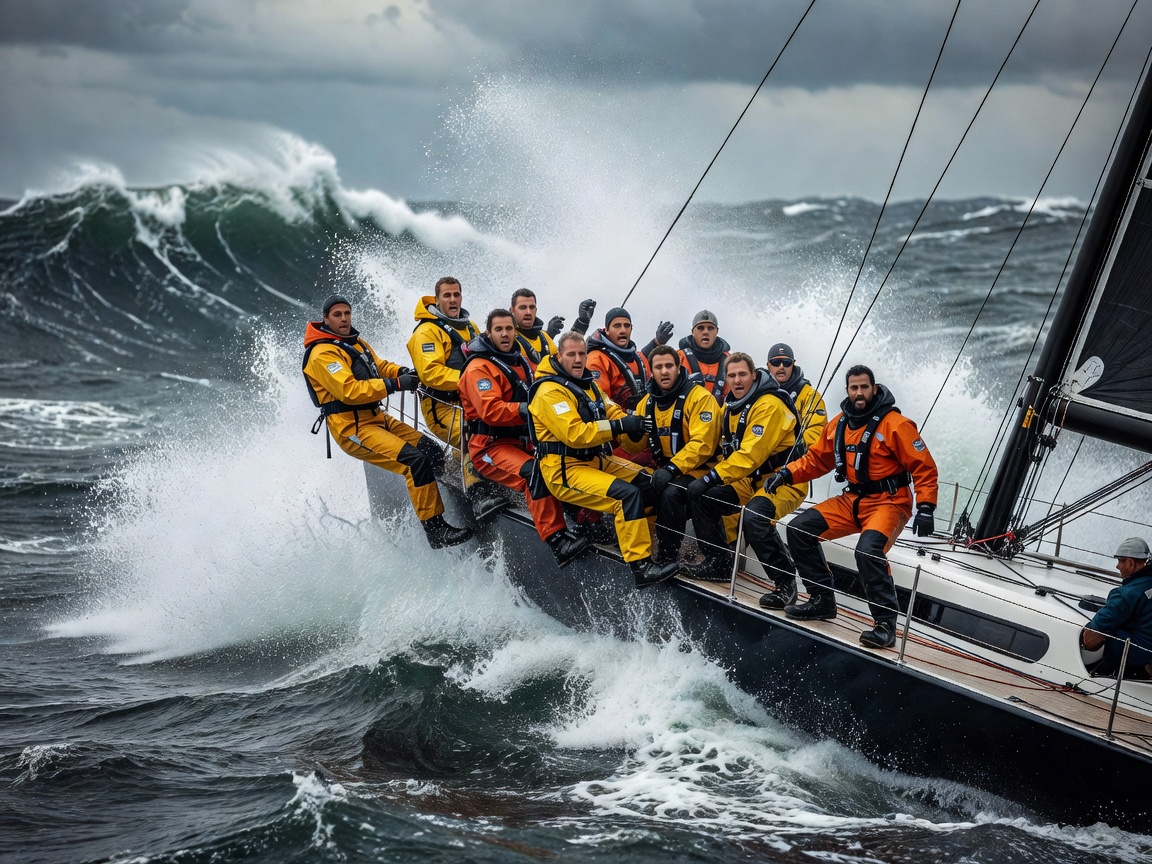 Offshore racing crew sitting on the windward rail as spray breaks over the bow in a heavy sea