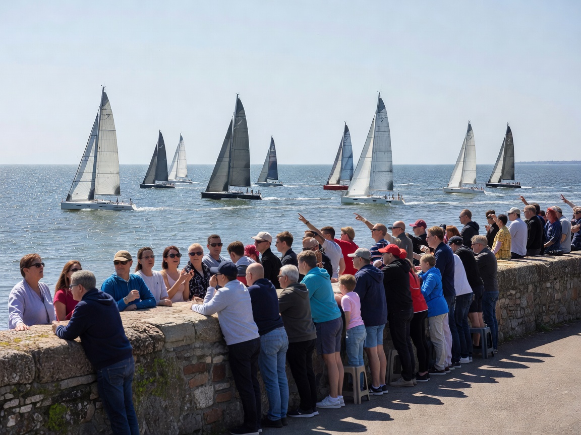 Spectators gathered along a harbour wall watching racing yachts in the bay on a clear afternoon