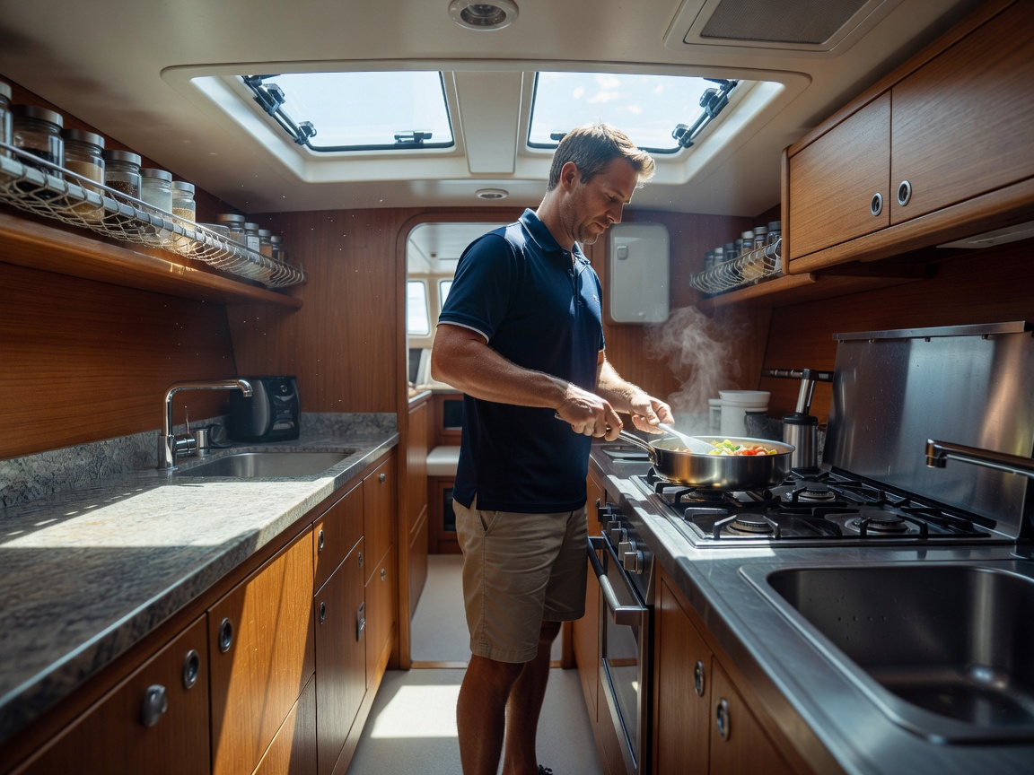 Crew member cooking in the galley of an ocean cruising yacht with light coming through raised saloon windows