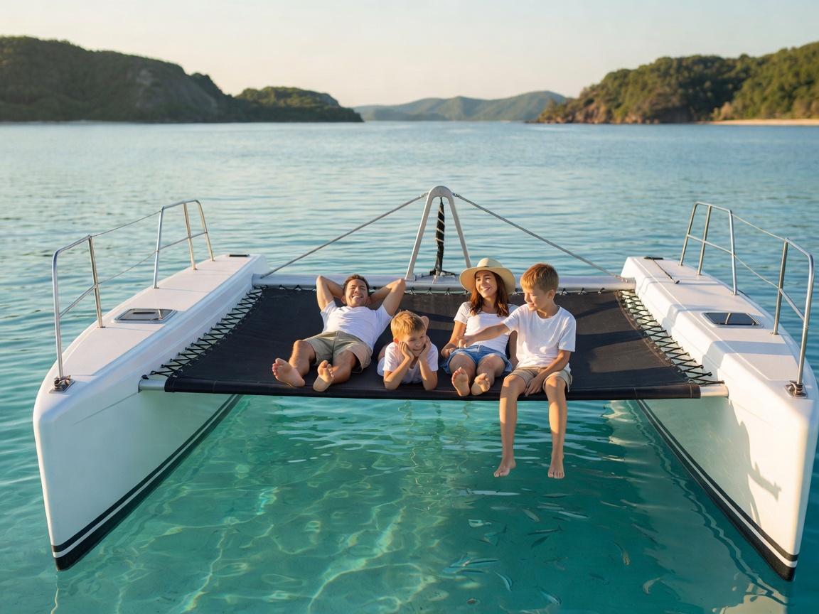 Family relaxing on the forward trampoline of a sailing catamaran anchored in a turquoise bay