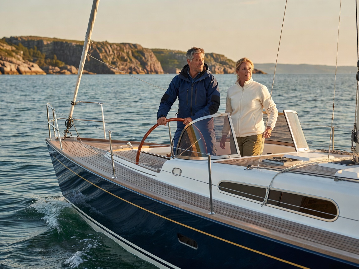 Couple sailing a centre-cockpit cruising yacht with a fixed windscreen in light coastal wind