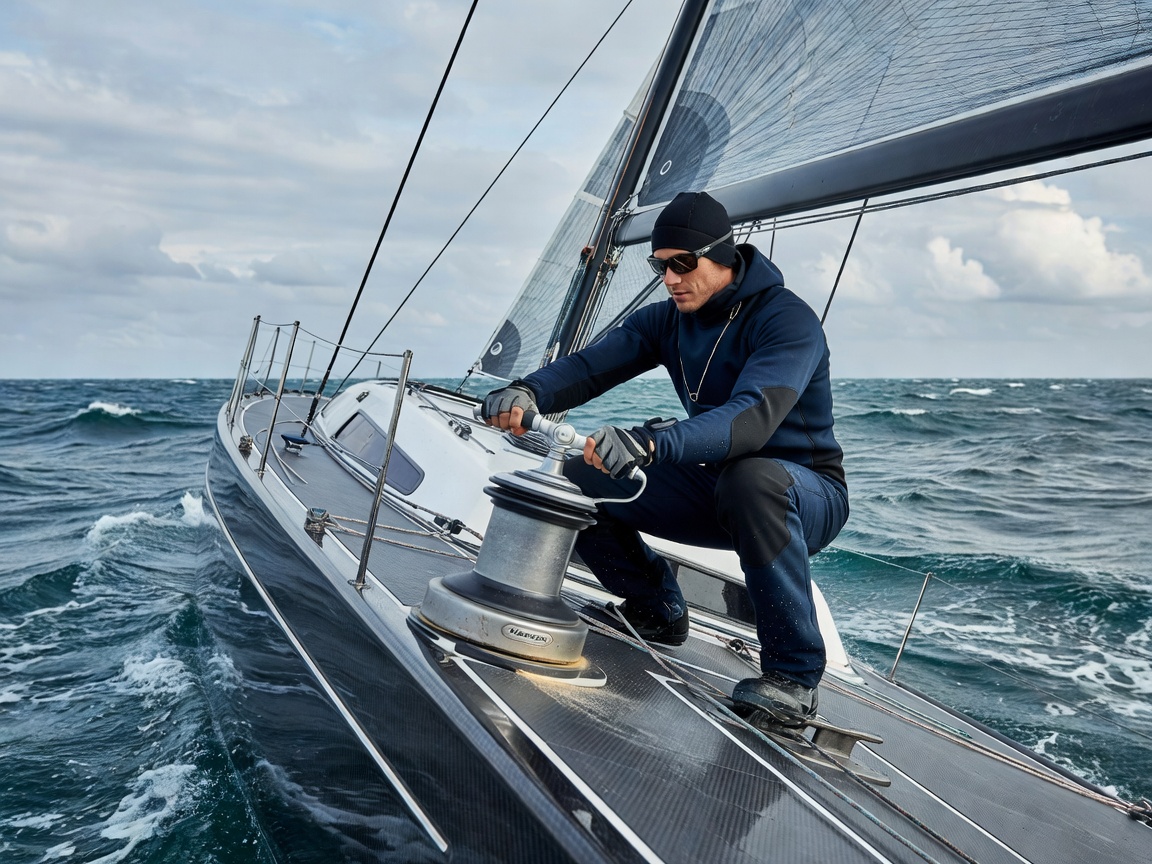 Crew member grinding a cockpit winch on a performance sailing yacht heeled in a fresh breeze