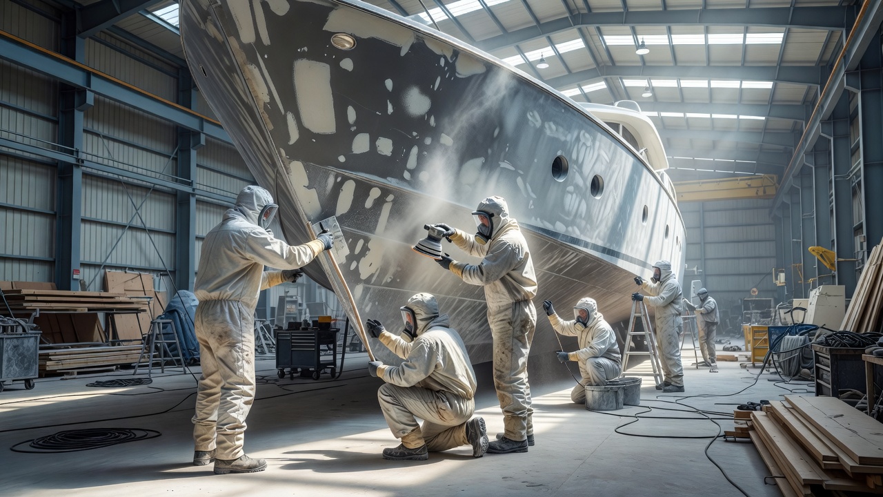 Shipyard workers in protective suits fairing the hull of a large yacht inside a bright construction hall